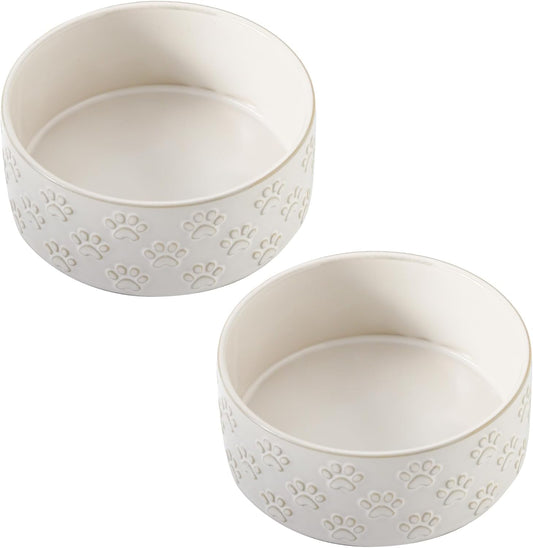UBEE Ceramic Dog Bowl Set of 2, 5.1 inch Dog Dish Food Bowl with Paw Pattern, Pet Food Water Dish Feeding for Small Dogs and Large Cat, White