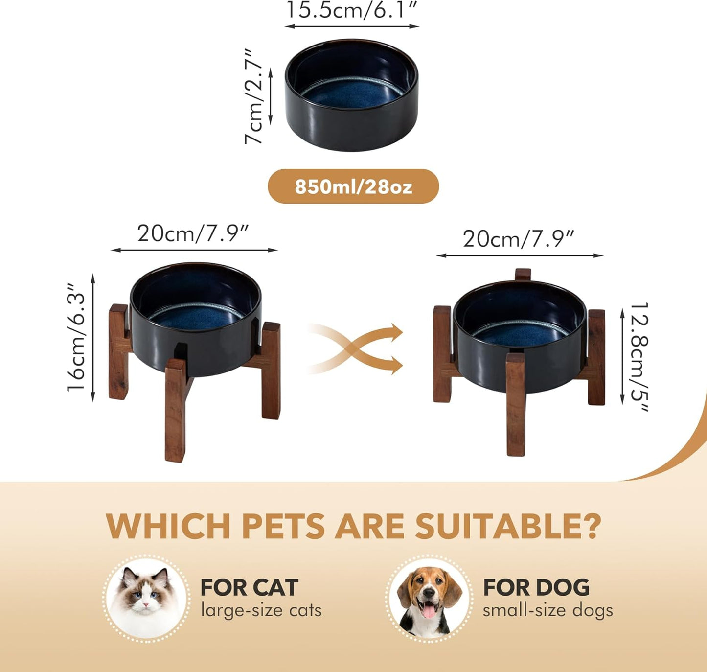 Ceramic 6.1inch Raised Dog and Cat Bowl Set, 2 Heights Elevated Wooden Stand for Small Breed Dogs, Weighted Pet Food and Water Dishes(6.1'',28.7oz, Starry Sky)