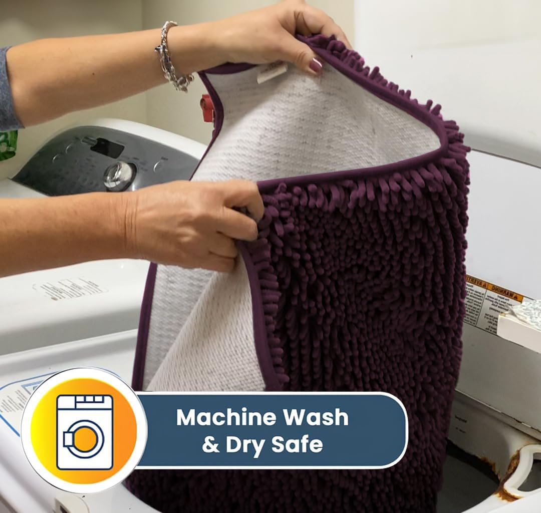 Muddy Mat® AS-SEEN-ON-TV Highly Absorbent Microfiber Door Mat and Pet Rug, Non Slip Thick Washable Area and Bath Mat Soft Chenille for Kitchen Bedroom Indoor and Outdoor - Dark Purple 24" x 96"