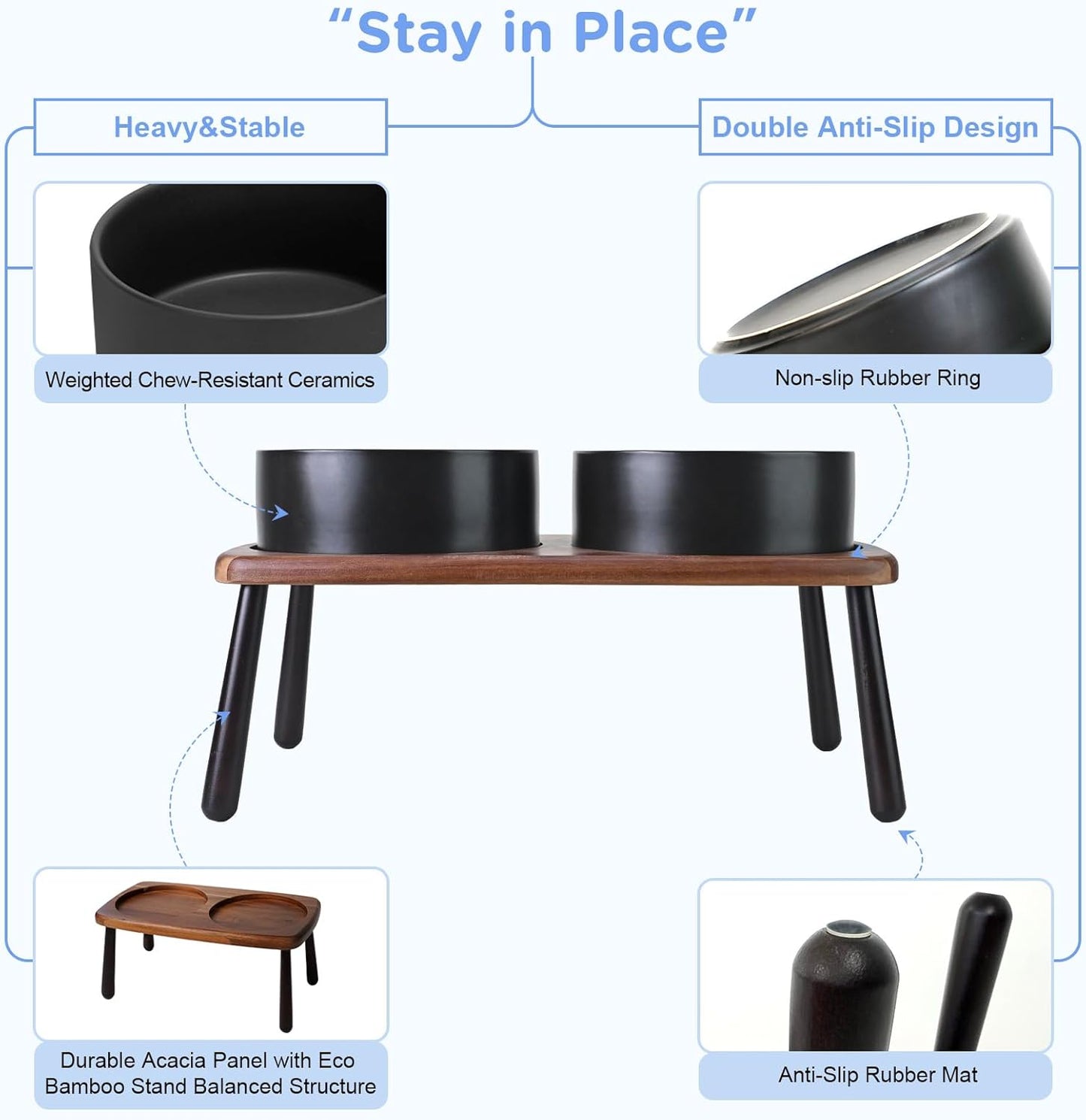 SPUNKYJUNKY Ceramic Elevated Dog Bowls Raised with Acacia Bamboo Wooden Stand, 8.3'' Dog Food Water Bowls Set Non-Slip for Medium Large Sized Breed Microwave Dishwasher Safe - 60 OZ,Black