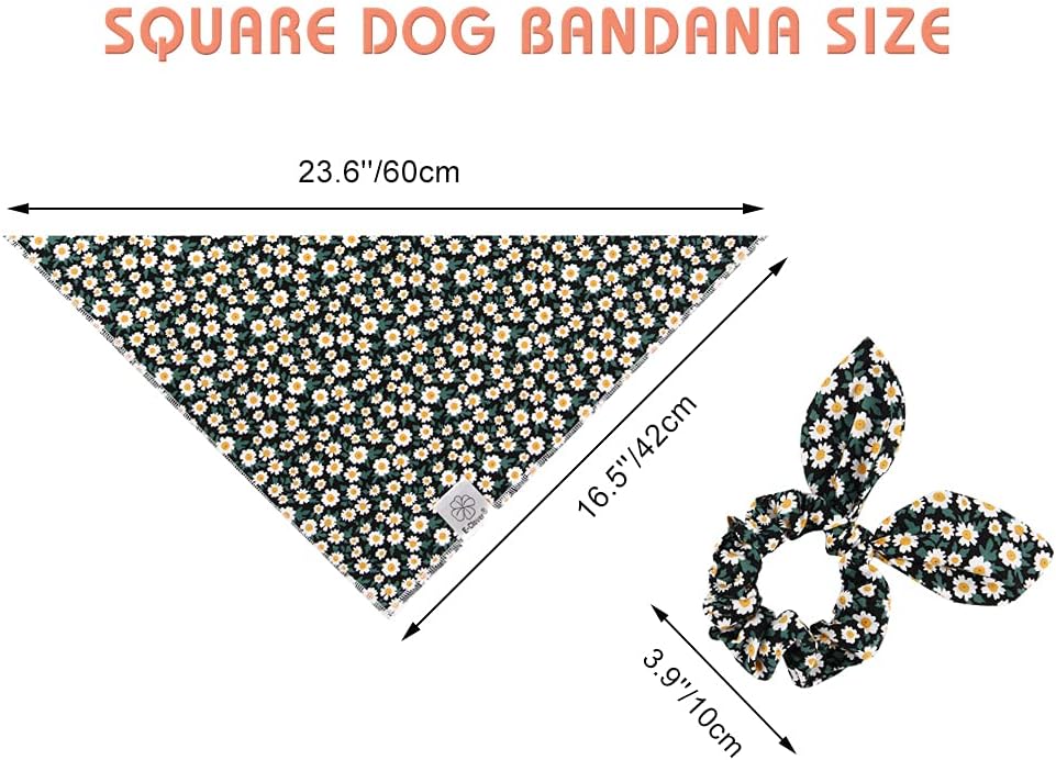 E-Clover Dog Bandanas & Matching Scrunchie Set Girl Dog Scarf Bibs with Bow Scrunchie for Small Dogs Puppy Pet Owner Gifts Flower Black
