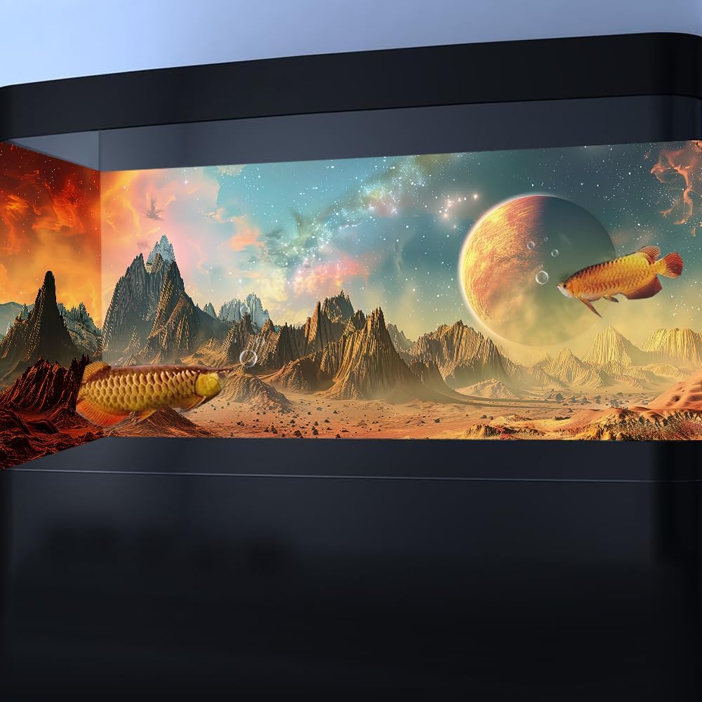 Cosmic Aquarium Background,Cool Galaxy Parallel Space Themed Fish Tank Background, Tropical Desert Terrarium Background 24X16IN with 8 EVA Double-Sided Tape