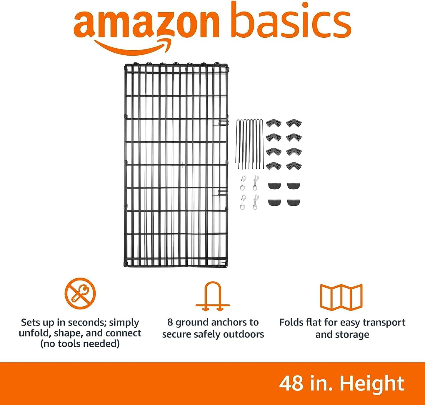 Amazon Basics Foldable Octagonal Metal Exercise Dog Playpen - Indoor/Outdoor, No Door, Extra Large (8 Panels, 24 x 48), Easy to assemble, store, and customize, 48" - X-Large, Black