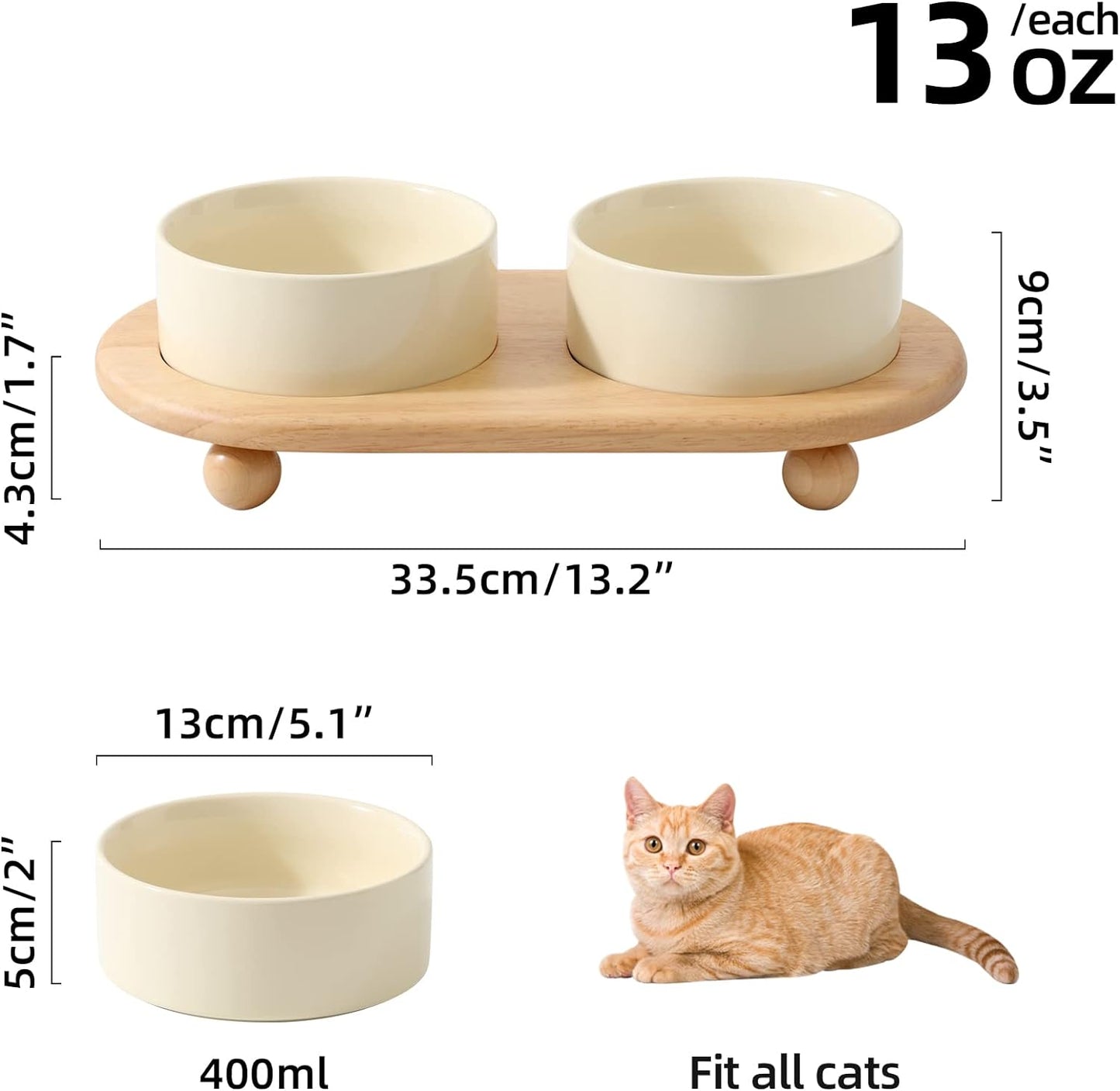 Ceramic Elevated Cat Food and Water Bowl, Kitty Bowl, Raised Cat Dish, Pet Feeder (5.1 in, 2 x Beige + Stand)