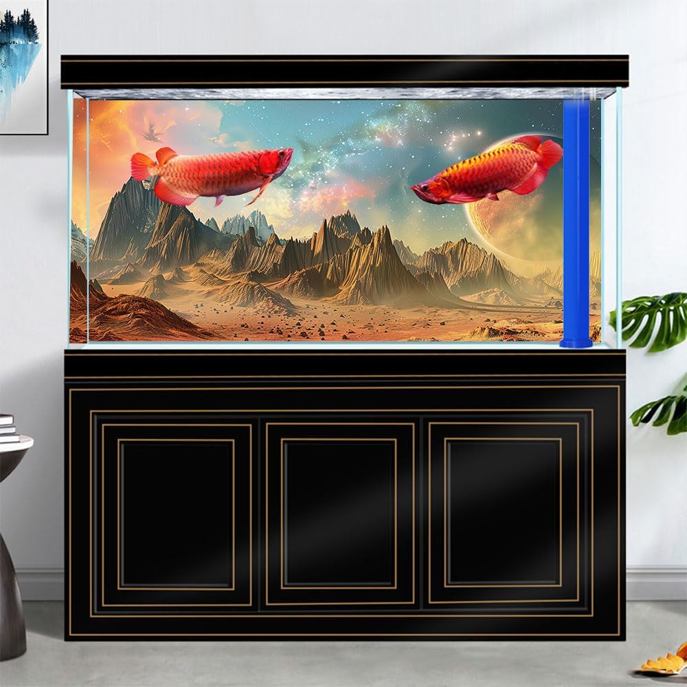 Cosmic Aquarium Background,Cool Galaxy Parallel Space Themed Fish Tank Background, Tropical Desert Terrarium Background 24X12IN with 8 EVA Double-Sided Tape