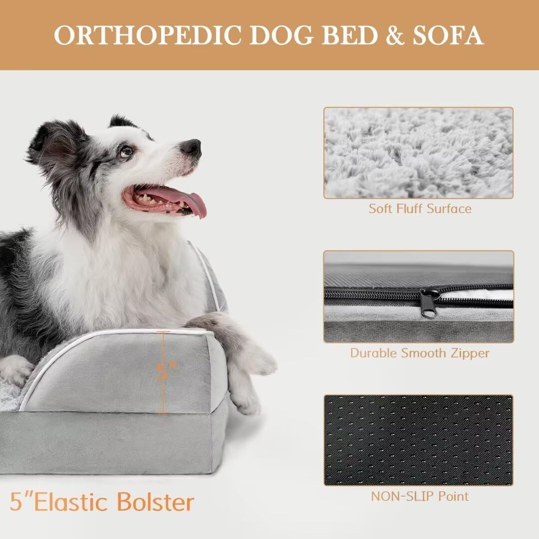 Comfort Expression XL Dog Beds Waterproof, Orthopedic Foam Dog Beds Large Sized, Bolster Dogs Beds Washable Pet Sofa with Removable Cover & Non-Slip Bottom(X-Large,Grey White)