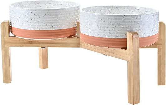 SPUNKYJUNKY Elevated Dog Bowls Ceramic, 7.3'' Dogs Food Water Bowls Raised with Non-Slip Bamboo Stand for Medium to Large Sized Breed Microwave Dishwasher Safe - 42 OZ,Pattern White