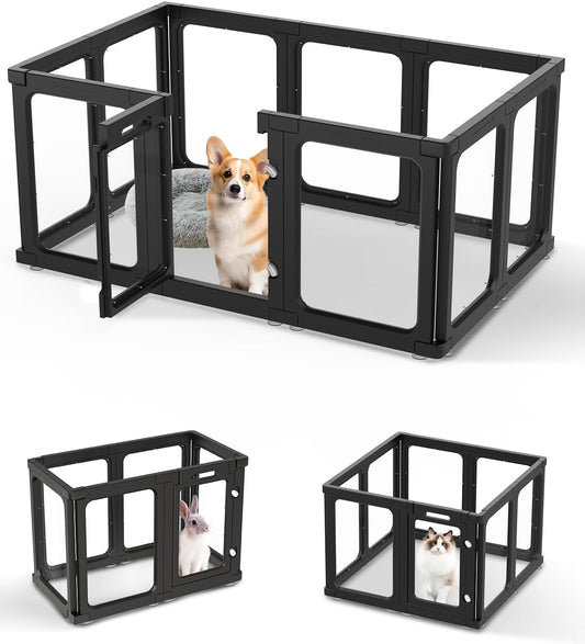 Dog Playpen, Clear Acrylic Plastic Puppy Playpen Indoor, Pet Pen for Puppy Cat Bunny, Transparent Easy Assemble Foldable Whelping Box for Dogs, Puppy Playpen with Gate (23.6" Height, 10PCS)