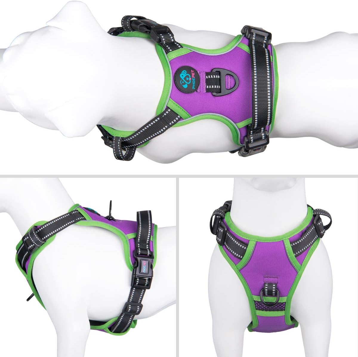 PHOEPET 2019 No Pull Dog Harness Medium Reflective Front Clip Vest with Handle,Adjustable 2 Metal Rings 3 Buckles,[Easy to Put on & Take Off](M, Purple)