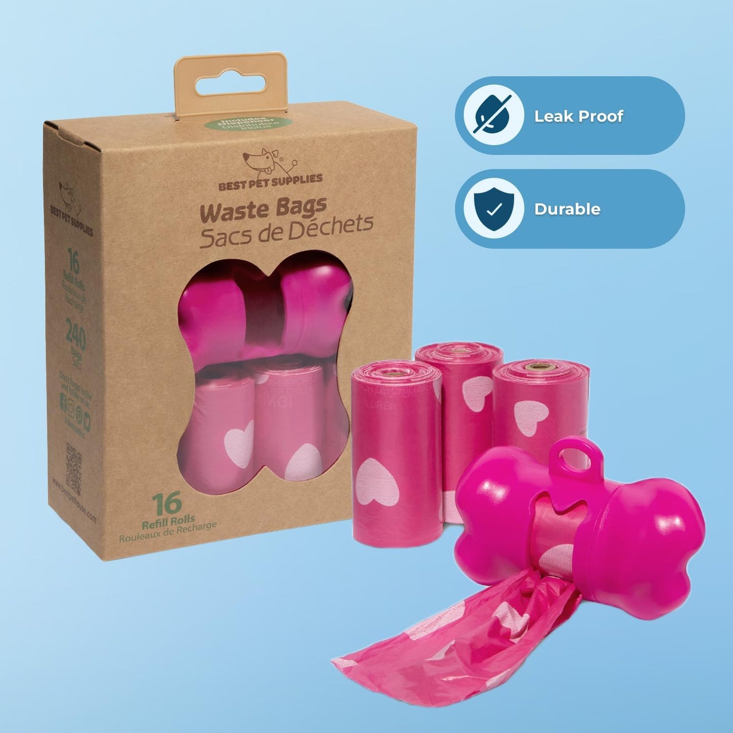 Best Pet Supplies Dog Poop Bags (240 Bags) for Waste Refuse Cleanup, Doggy Roll Replacements for Outdoor Puppy Walking and Travel, Leak Proof and Tear Resistant, Thick Plastic - Pink Heart