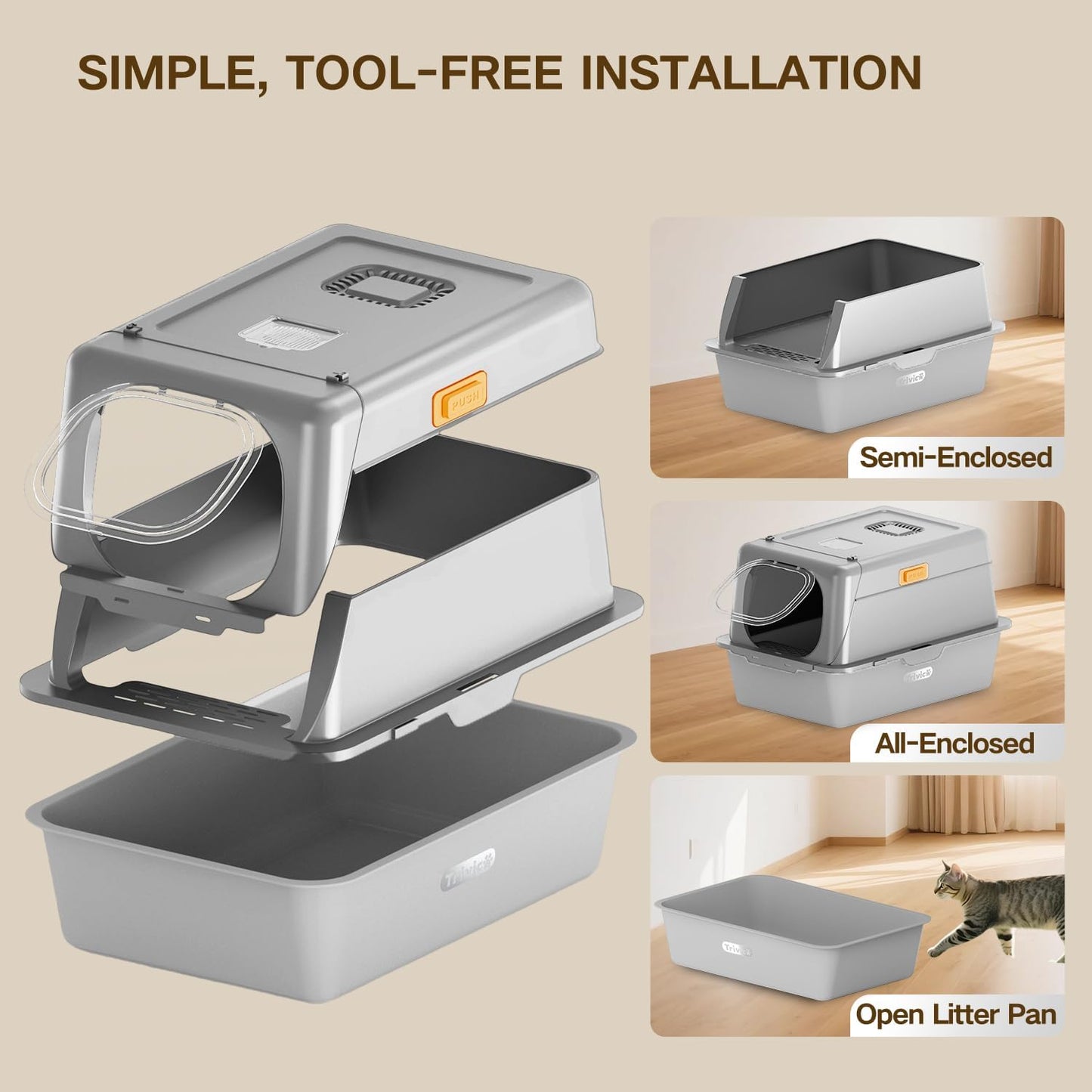 XX-Large Stainless Steel Cat Litter Box with Lid – Fully Enclosed Large Litter Box for Big Cats, Odor Control with Magnetic Door, Easy Clean, Multi-Cat Durable Metal Pan.(White-Gray)