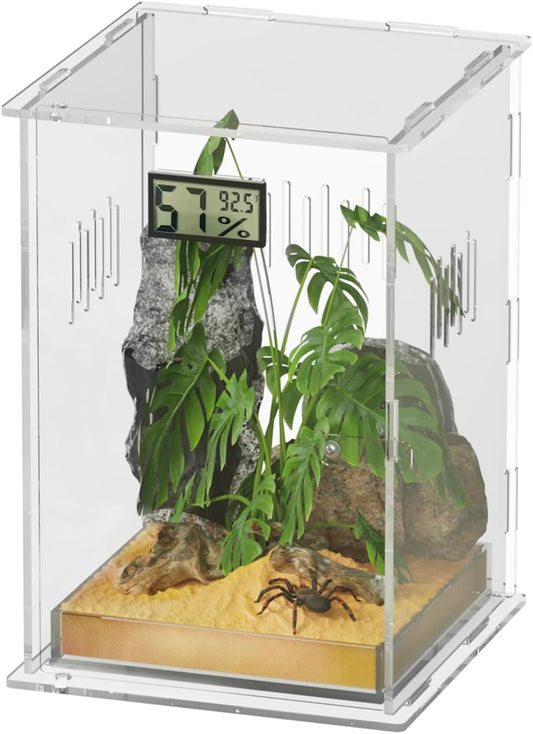 Reptile Terrariums, with Temperature Hygrometer, 7.1"x7.1"x11.8" Acrylic Reptiles Breeding Box Terrarium Cage Tank for Small Reptile Insect Home Office (Arboreal Large)