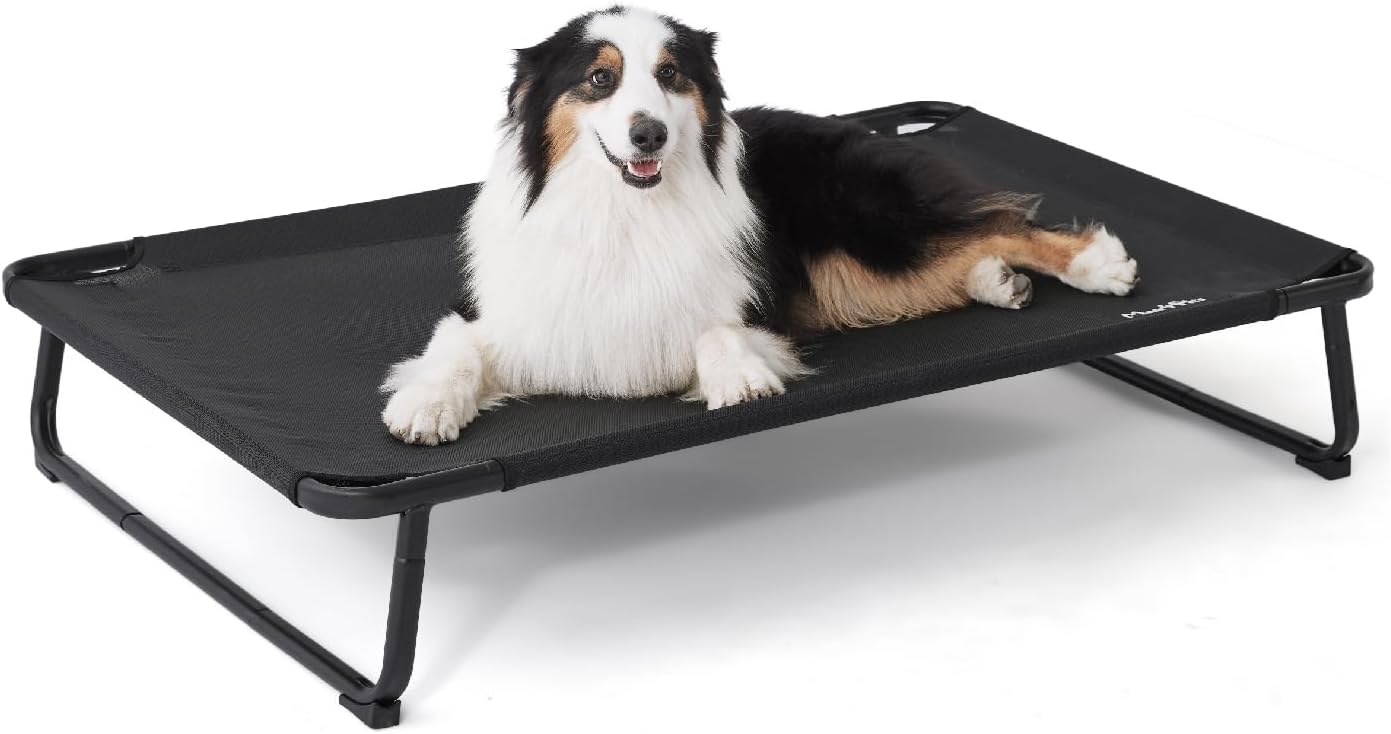 Made4Pets Outdoor Elevated Dog Bed for Large Dogs - Cooling Raised Pet Cot with Skid-Resistant Feet, Tool-Free Setup, Chew-Resistant Frame, Washable Mesh Hammock, Indoor & Outdoor Use, 42"x28", Black