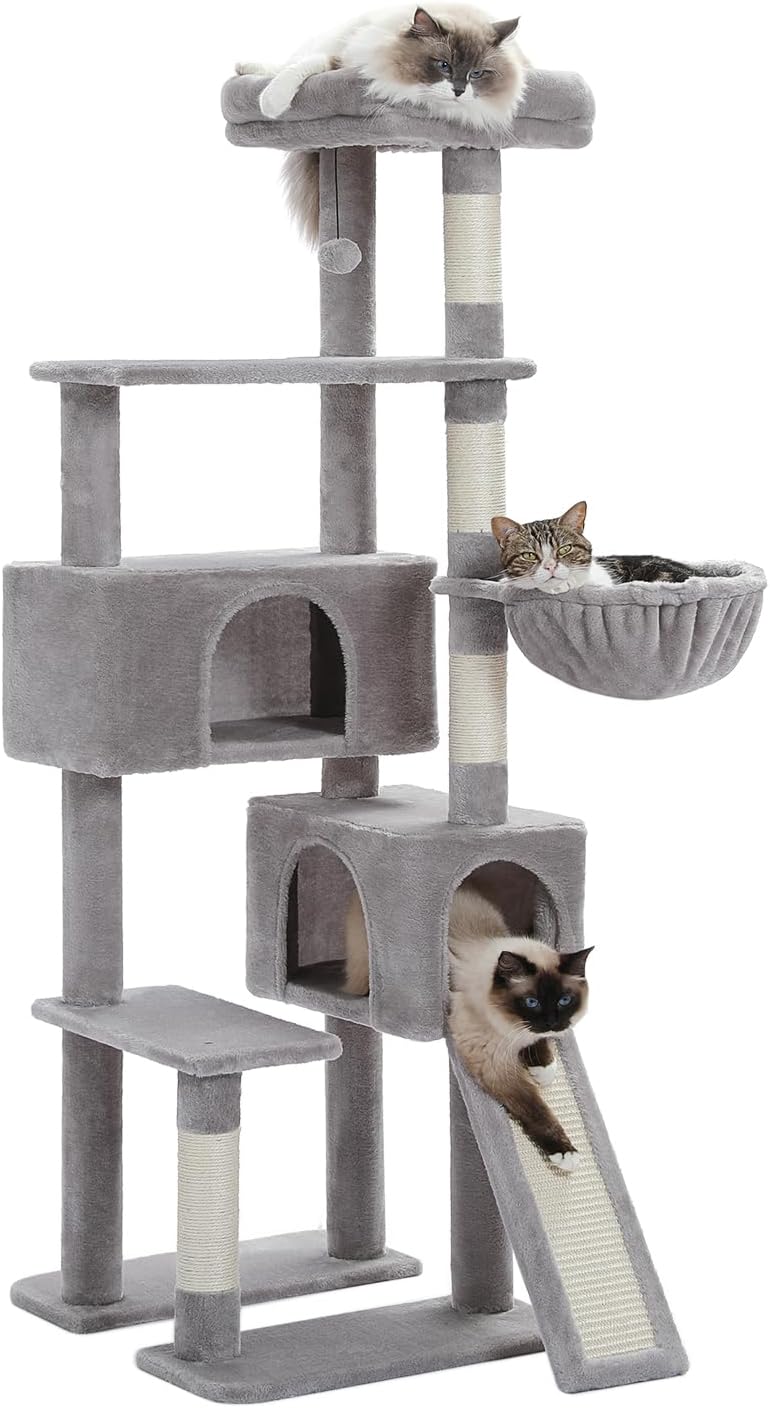 PAWZ Road Cat Tree, 60 Inches Cat Tower with Dual Condos, Spacious Perch, Cozy Basket and Sisal-Covered Scratching Posts for Indoor Cats- Gray