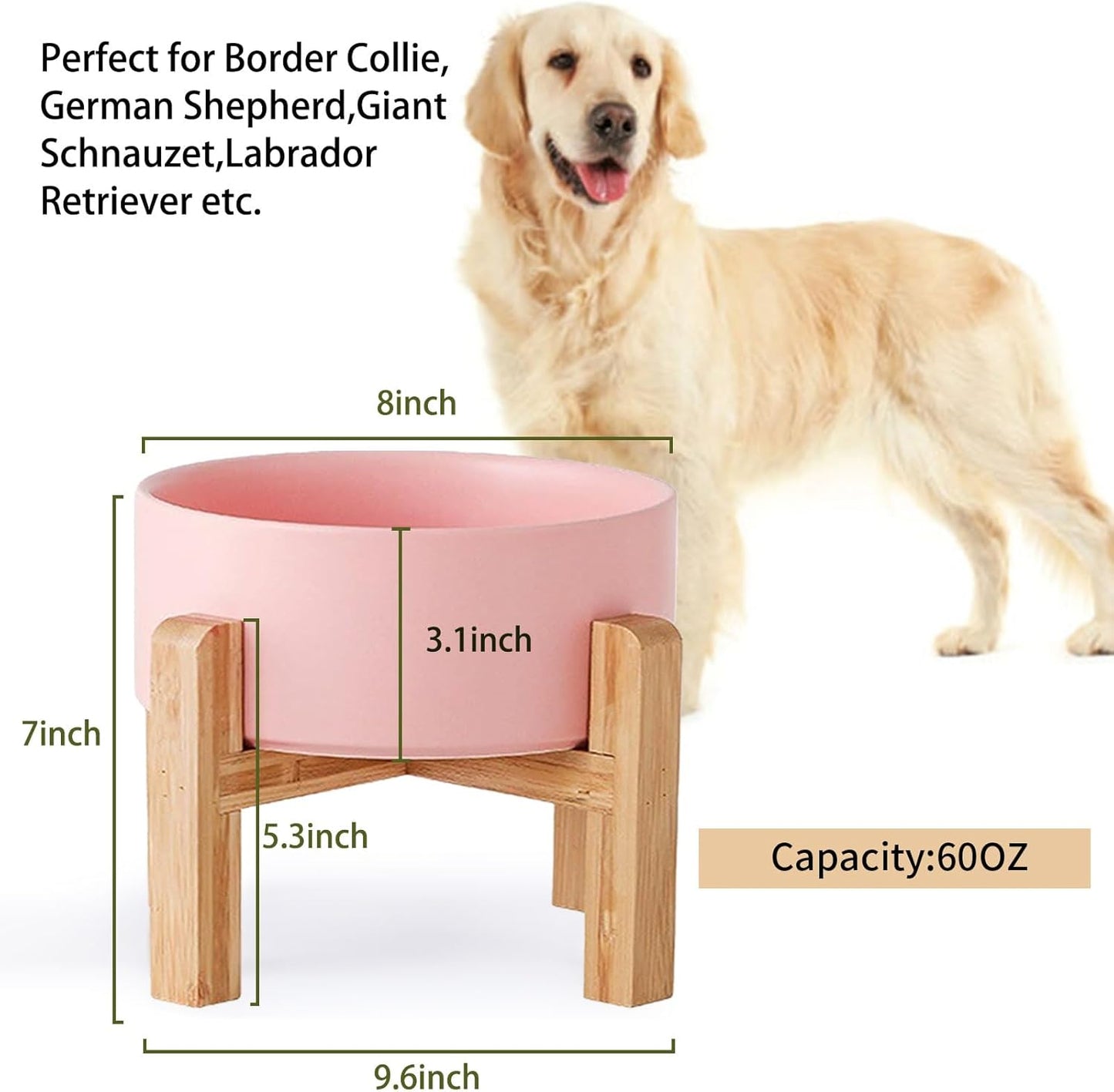 Petygooing Pink Elevated/Raised Ceramic Dog Bowl for Medium and Large Breeds, Dog Food Water Dish with Stand,Pet Feeding Bowl with Anti Slip Rubber Large Dogs(1800ml 7.6 Cups)