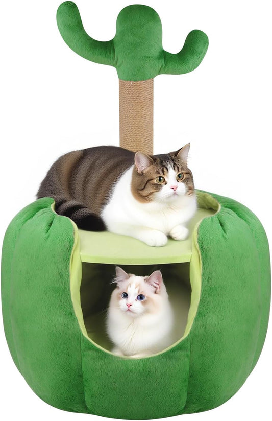 Cat Houses for Indoor Cats, Small Cat Tree with Sisal Ropes and Plush Perch, Cute Cat Bed Cave with Soft Pillow, Cactus Design