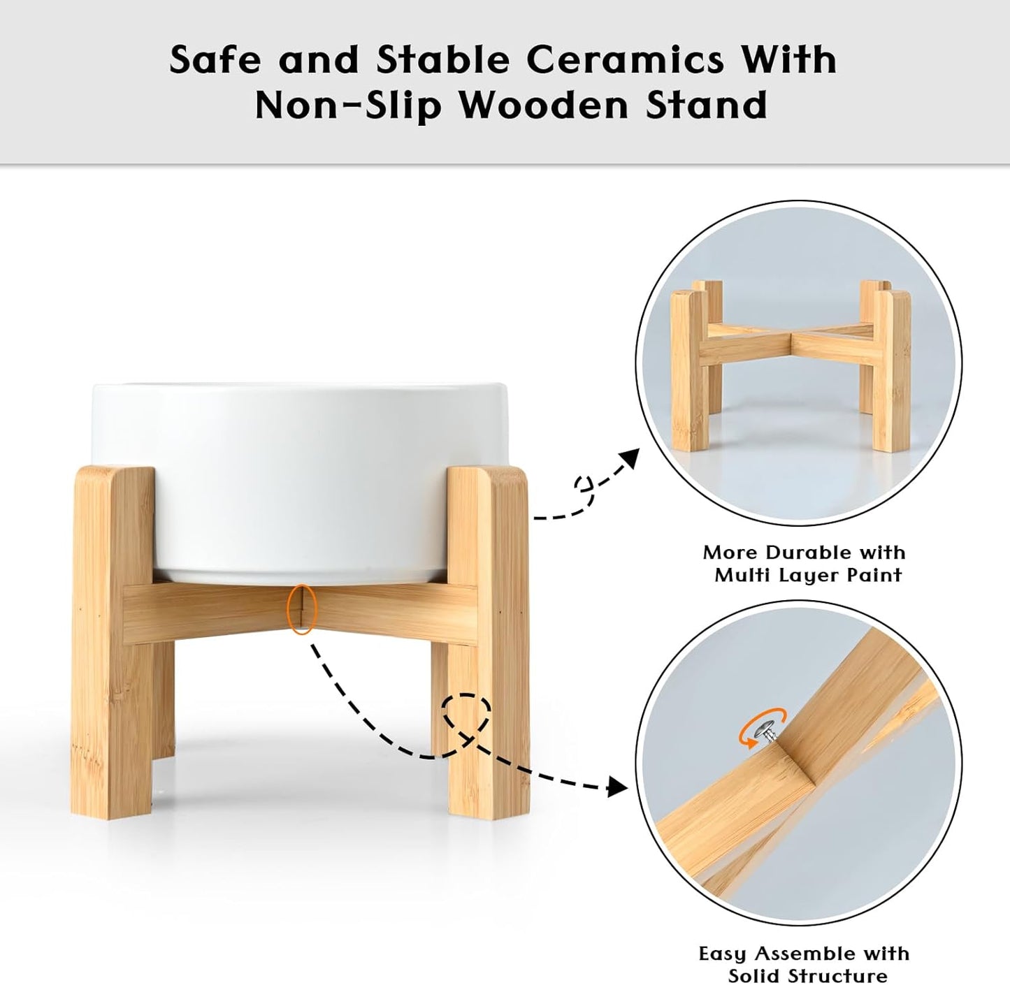SPUNKYJUNKY Ceramic Elevated Dog Bowls 2 Pack - 6.1inch Raised Dog Bowls with Non-Slip Wooden Stand for Medium Dogs Dishwasher Safe(White,28.7OZ*2)