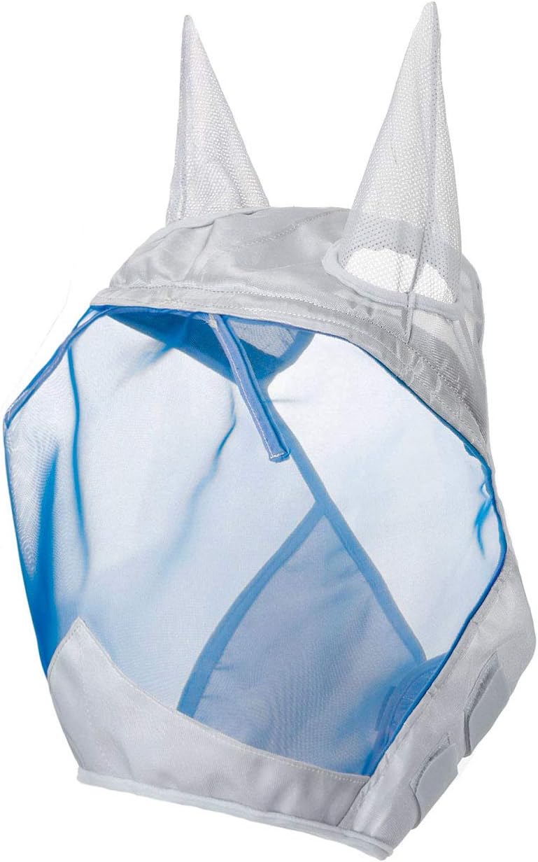 Harrison Howard CareMaster Horse Fly Mask Half Face with Ears Silver/Blue Retro Small Pony