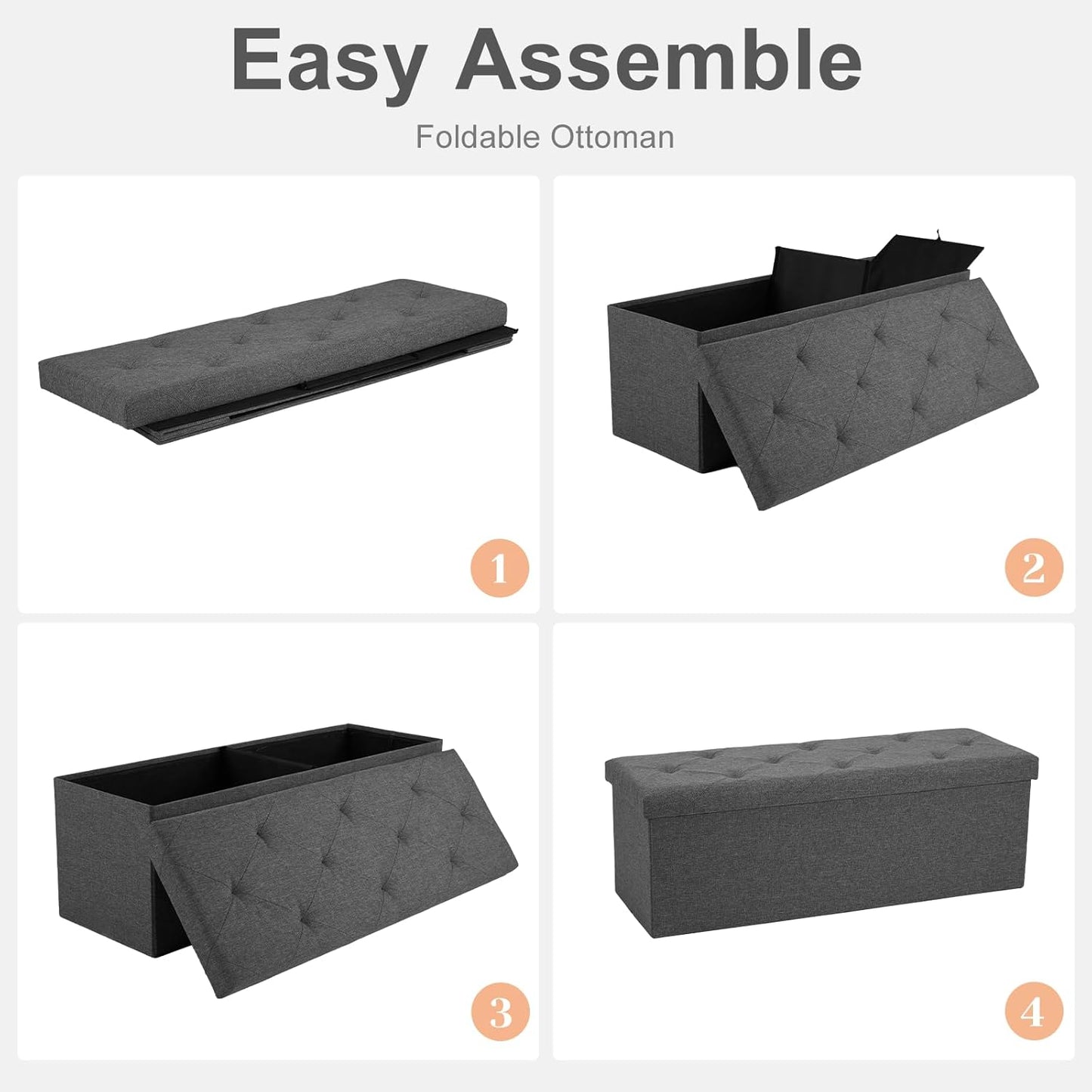 Sweetcrispy 43in Foldable Storage Ottoman Bench, Foot Rest Stool Storage Chest with Padded Seat, End of Bed Bedroom Bench for Living Room, Support 660lbs, Dawn Grey