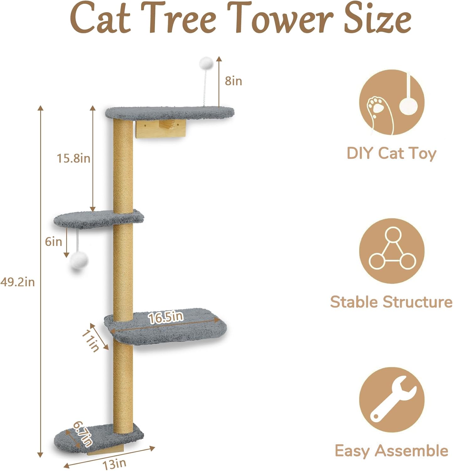 Wall Mounted Cat Wall Shelves and Climbing Tree for Kittens, 4-Tier Adjustable Cat Furniture for Indoor Cats Under 30lbs, with Grey Plush Platforms