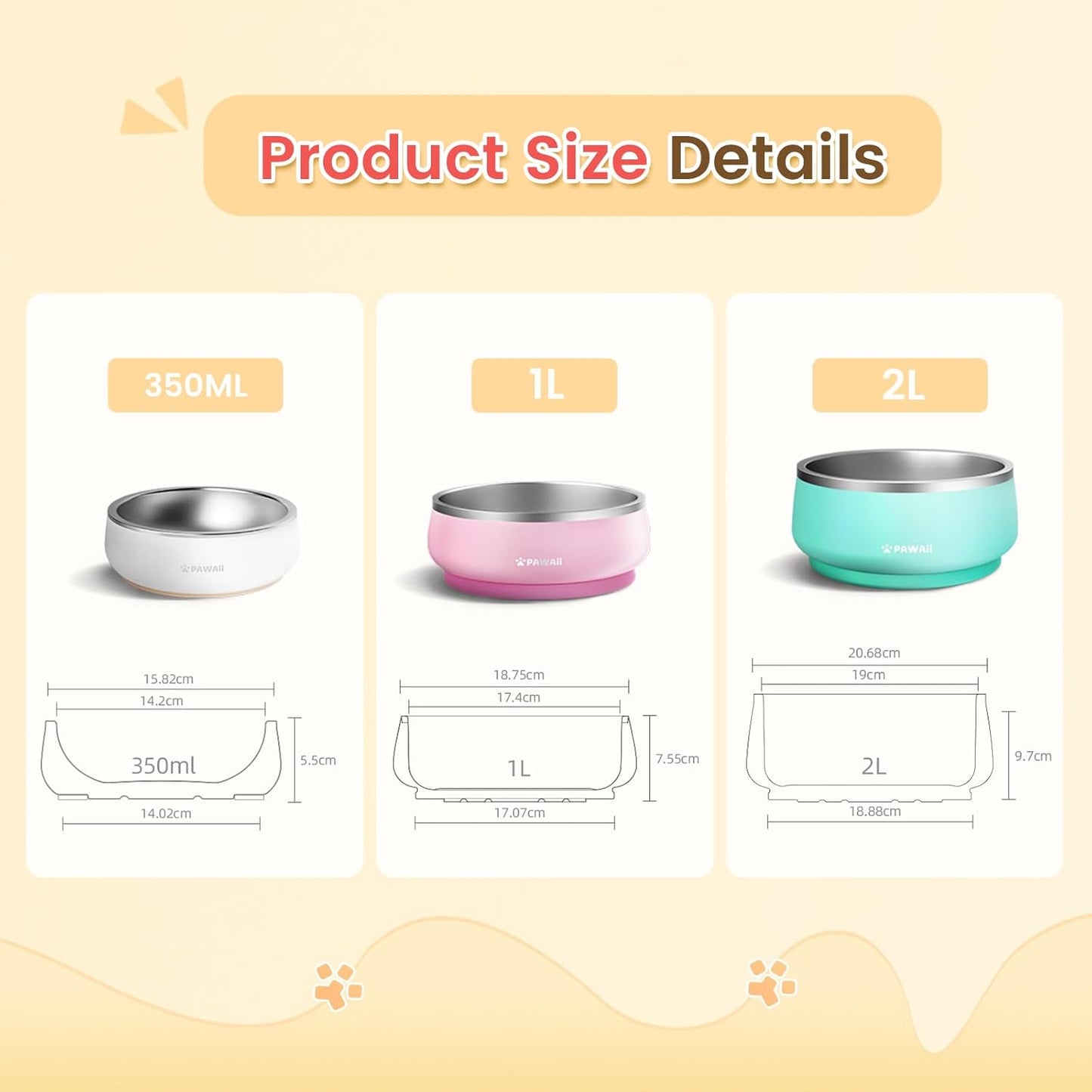 Pawaii Small Dog Bowls, 12 oz. Food Water Bowl Designed for Puppies and Cats with Non-Slip Rubber Base, Upgraded Metal Insulated, Double Stainless Steel Bowls