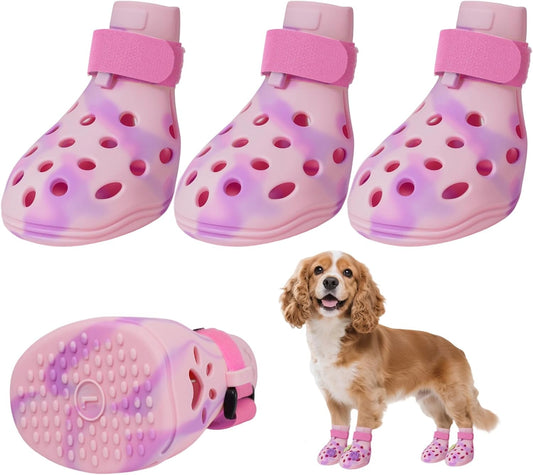 Dog Shoes for Hot Pavement, Adjustable Magic Tape Boots for Small, Medium & Large Dogs, Anti-Slip, Easy to Clean Paw Protectors for Beach, Outdoor & Hot Weather (Pink L)