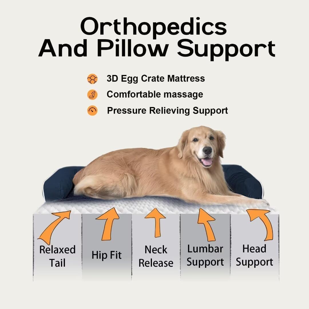 Orthopedic Large Dog Bed Washable: Orthopedic Dog beds for XXXLarge Size Dogs, Waterproof Washable Cover with Egg Foam Removable Bolster, Navy Blue Pet Beds for Large Dogs