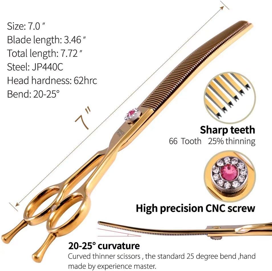 Fenice Peak Professional Dog Grooming Scissors Pet Curved Thinning Shears 7.0'' Extremely Sharp Blades 440C Steel Thinning Scissors Durable Smooth Motion & Fine Cut for Dogs and Cats(Gold)