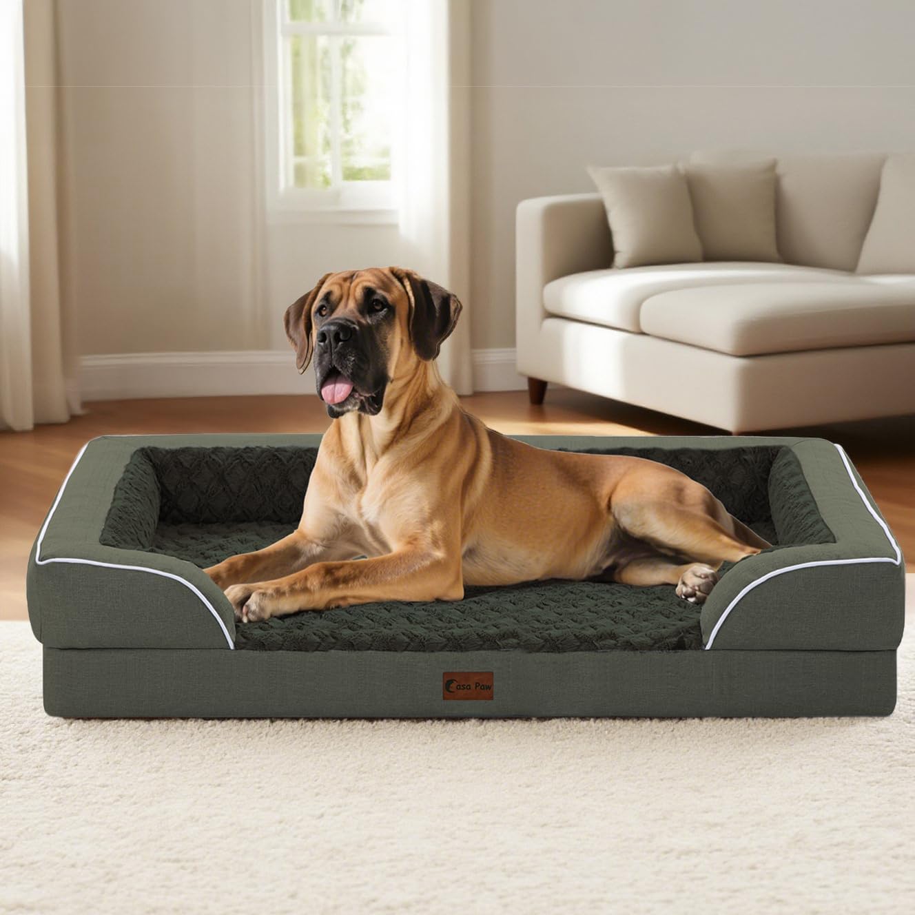 Orthopedic Dog Beds for Large Dogs, Waterproof Memory Foam Dogs Bed with Sides, Non-Slip Bottom and Egg-Crate Foam Big Dog Sofa with Removable Washable Cover(Large,Dark Green)