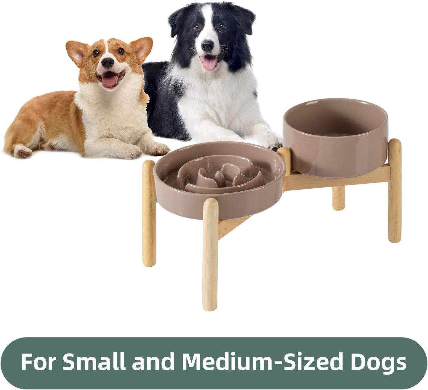 Ceramic Raised Slow Feeder Dog Bowl Set, Elevated 6.1inch Bowl and 7.3inch Puzzle Slow Food Dish with Wooden Stand for Small and Medium Dog, Anti-Gulping (2X Brown Coffee+ Stand)