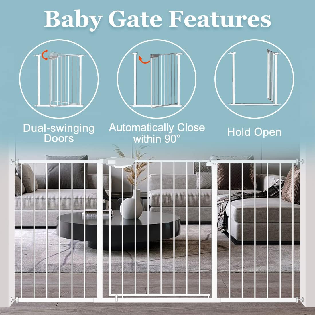 WAOWAO Triple Lock Baby Gate Extra Wide 57.87-62.59" Pressure Mounted Walk Through Swing Auto Close Safety White Metal Dog Pet Puppy Cat for Stairs,Doorways,Kitchen