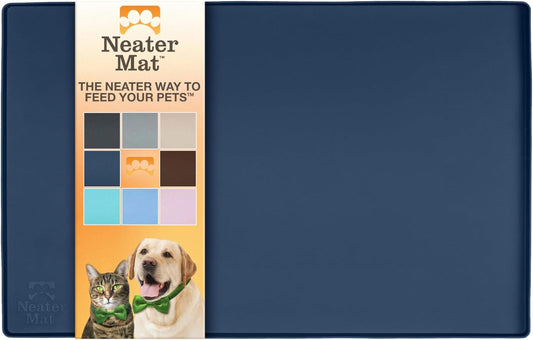 Neater Pet Brands Neater Mat Pet Mats for Food and Water, Cat & Dog Bowl Mat Waterproof Silicone, Feeding Tray, Dog Food Mats for Floors, Placemat w/Raised Edge for Under Bowls, 16” x 10”, Dark Blue