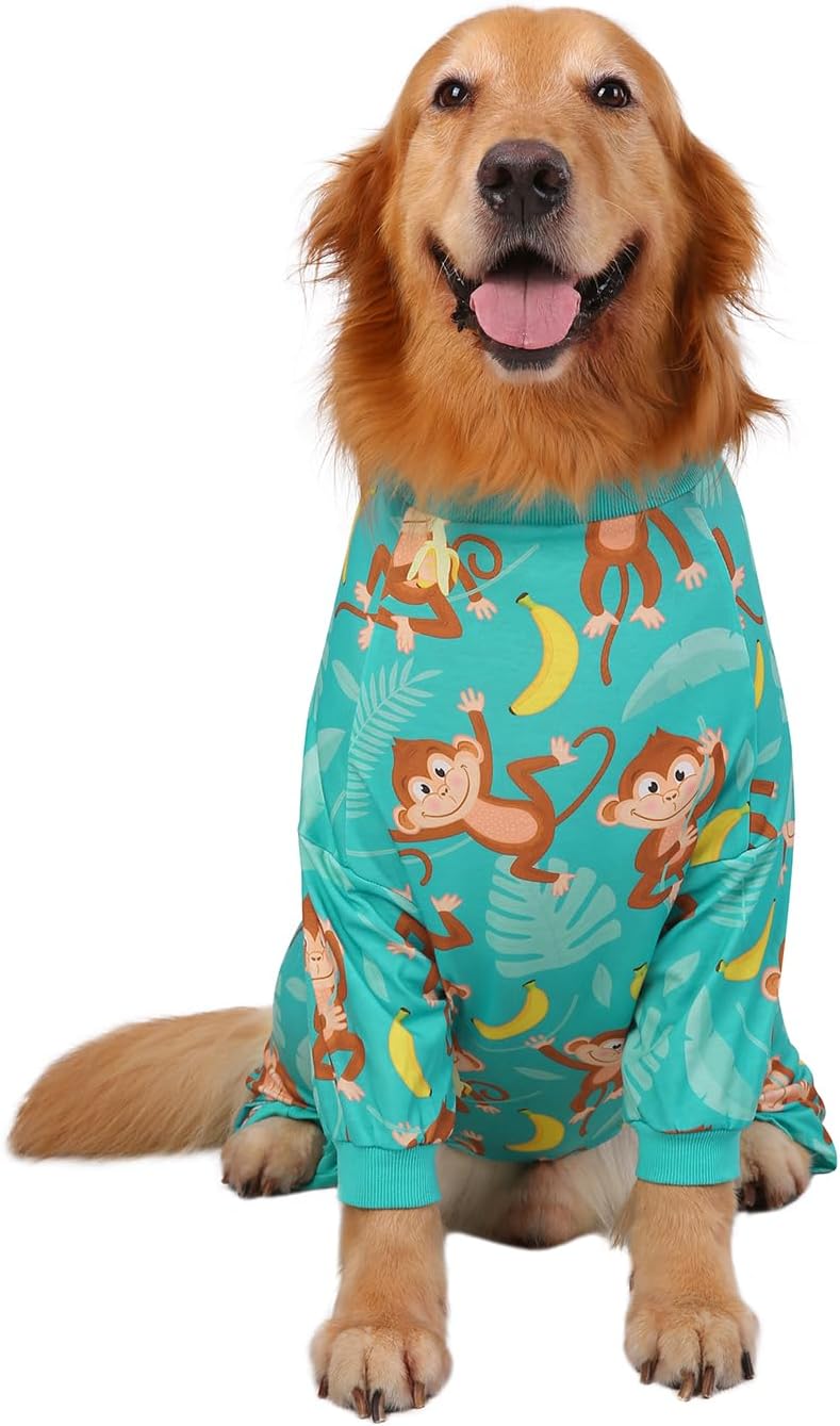 HDE Dog Pajamas One Piece Jammies Jumpsuit Pet Clothes Outfit Stretchy Lightweight Comfy Shirt Pjs for M-3XL Dogs Monkeying Around - 3XL