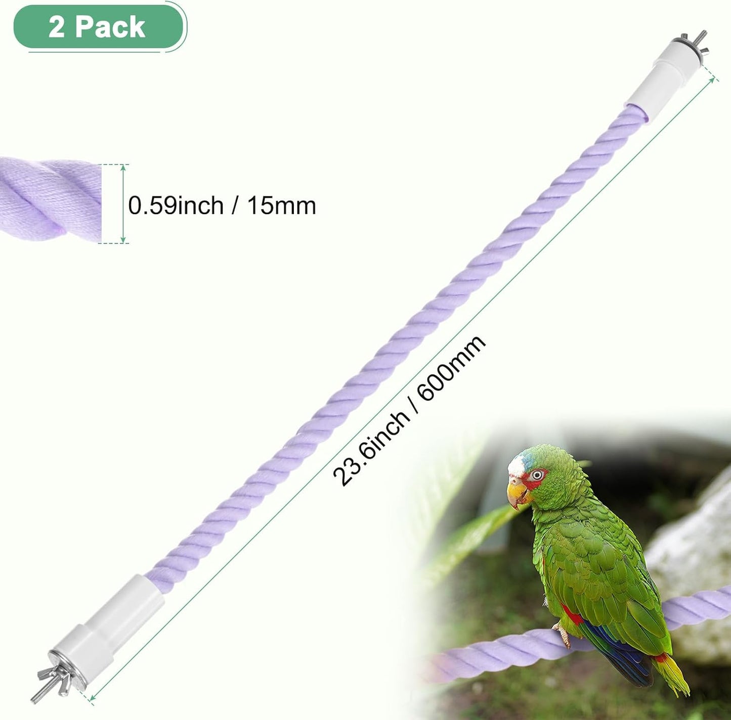 2-Pack Rope Perches for Bird Cages, 23.6 in Length Comfort Grip Flexible Rope Perch Beak & Paw Grinding for Parrots/Cockatiels/Parakeets, Bird Platform Sand [Purple]