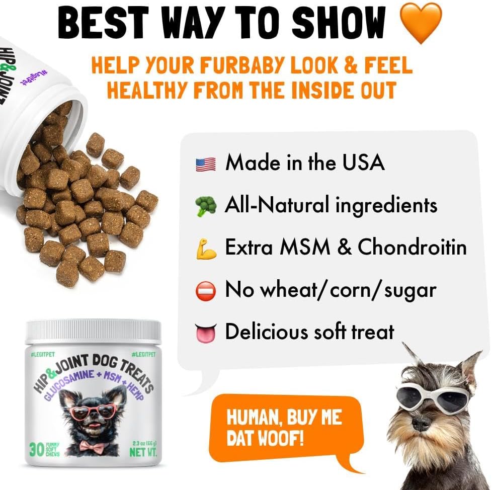 LEGITPET Hemp Hip & Joint Supplement for Dogs Soft Chews Made in USA Functional Glucosamine for Dogs Chondroitin MSM Turmeric Hemp Seed Oil Natural Pain Relief Mobility Advanced Joint 30 Treats