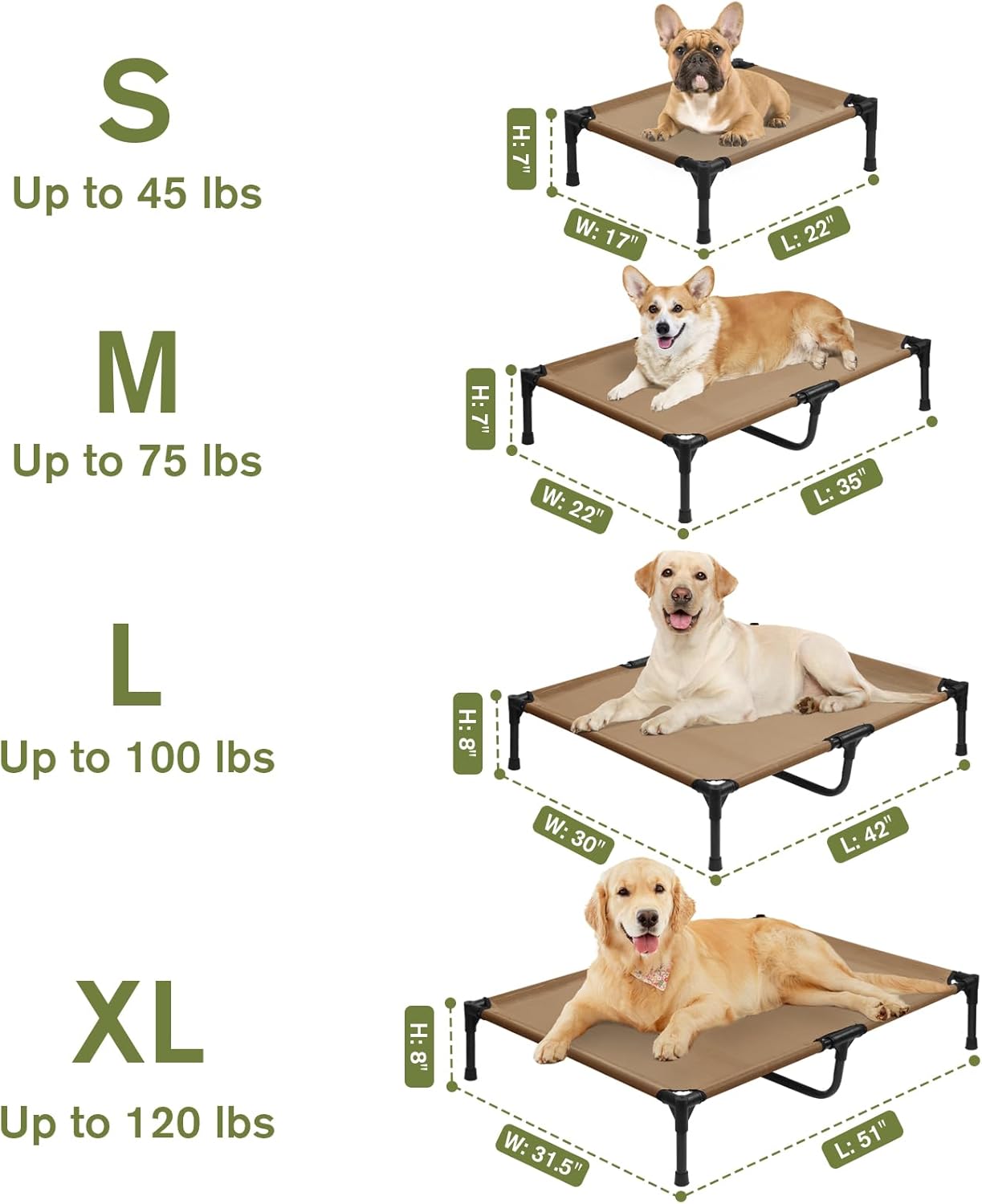 XL Elevated Dog Bed 51 Inch - Waterproof Raised Cooling Cot for 123lb Dogs, with Washable Breathable Mesh, All-Weather Outdoor Dog Bed with Non-Slip Feet, Brown
