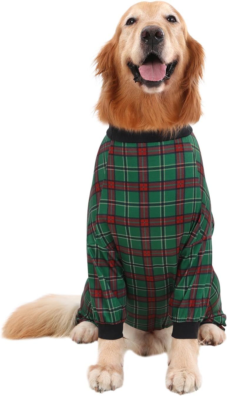 HDE Dog Pajamas One Piece Jammies Jumpsuit Pet Clothes Outfit Stretchy Lightweight Comfy Shirt Pjs for M-3XL Dogs Holiday Plaid - M