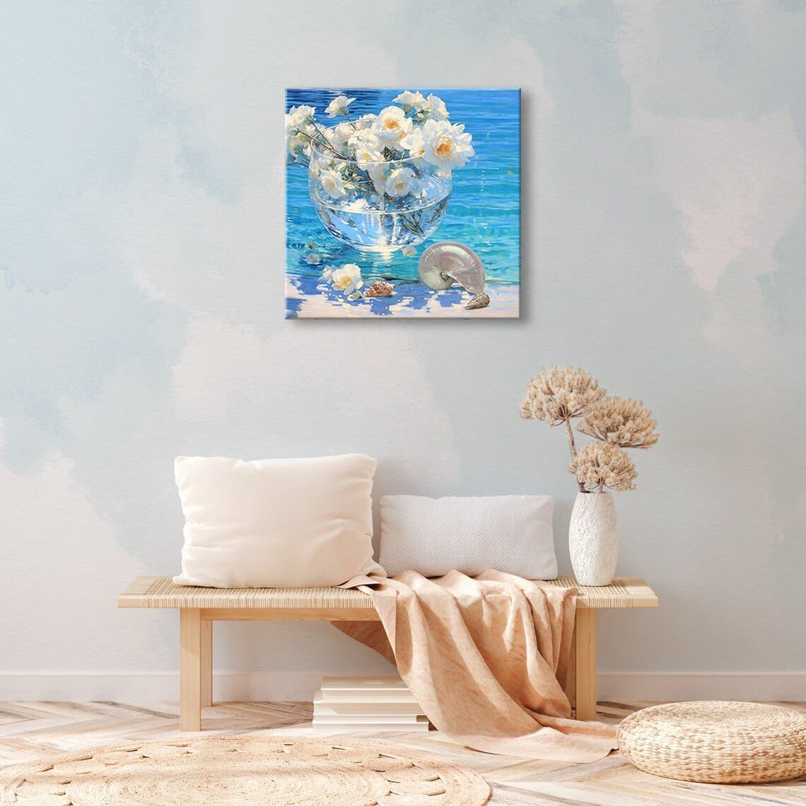 weiyiart Canvas Wall Art Beach White Flower Décor Wall Picture Blue Coastal Canvas Print Ocean Nautical Painting Seascape Vintage Artwork for Seaside Living Room Bedroom Bathroom Decor 14x14 inch