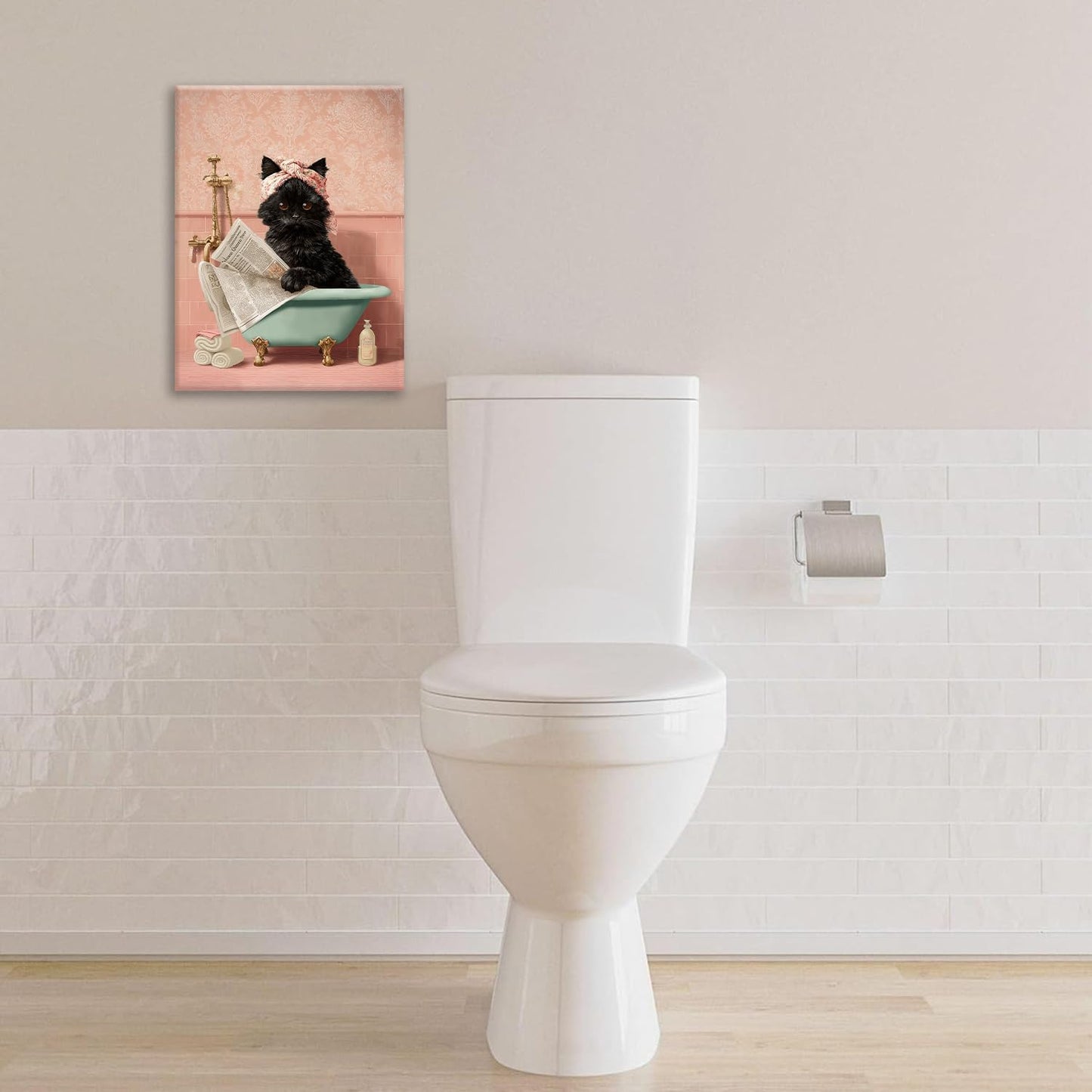 Cat Bathroom Wall Decor Black Cat Reading Newspaper in Bathtub Canvas Wall Art Funny Bathroom Pictures Kitten Painting Print Pink Artwork Framed Decorations Gifts 12"x16"