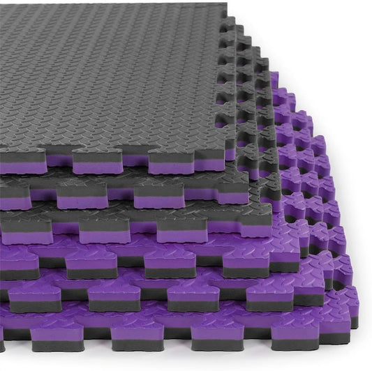 Xspec 1" Extra Thick 48 sq ft Reversible EVA Gym Foam Floor Mat Tiles (24" x 24"), Steel Pattern, 12 pcs, Black/Purple