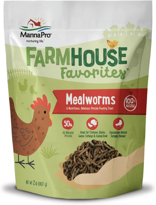 Manna Pro Farmhouse Favorites Mealworms Poultry Treat - Protein Treat for Chicken - Poultry, Turkey, Ducks, Geese, and Guinea Fowl Treat - Contains 50% Protein - 100% Natural Poultry Snack - 2lbs