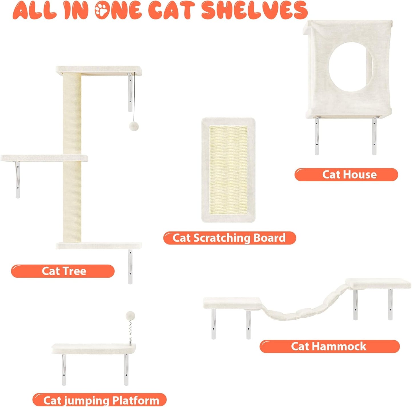 NUNU LAB Wall Mounted Cat Furniture, 5 Pcs Cat Wall Shelves with House, Bridge, Steps, Scratching Post, Shelves, Indoor Safe & Stable Furniture for Kittens Play, Beige