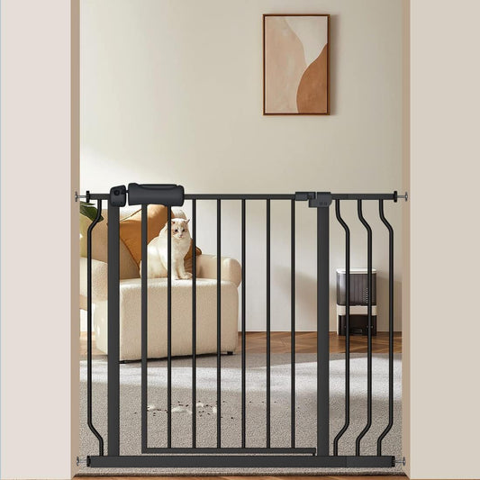 Extra Wide Baby Gate Black 34-38.5 Inch Wide Walk Through Pressure Mounted No Drill Long and Large Tension Metal Gate for Dog and Toddler
