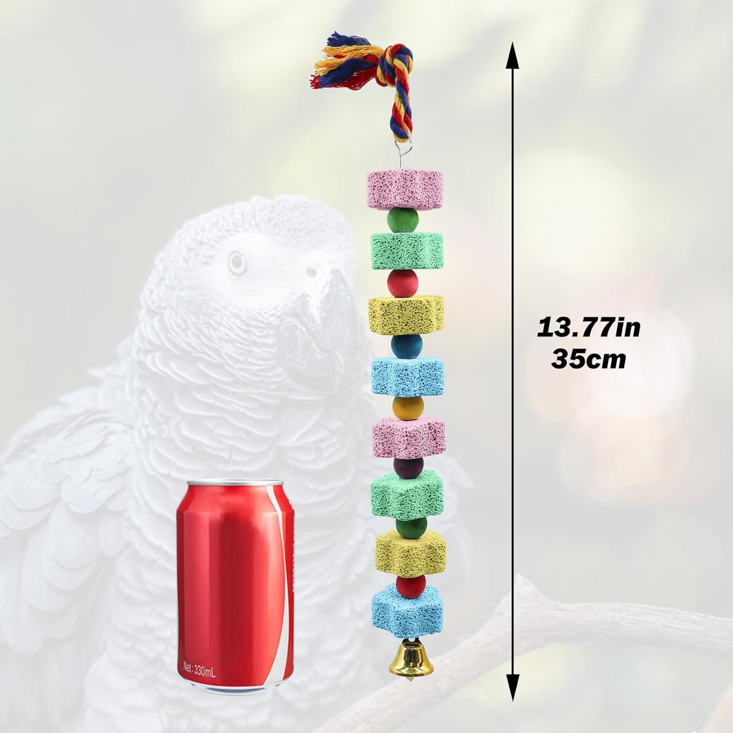 2 Pack Mineral Block Chew Toys with Colorful Beads and a Bell, Bird Beak Grinding Stone, Cage Accessories for African Grey, Budgies, Cockatiels, Small to Medium Birds