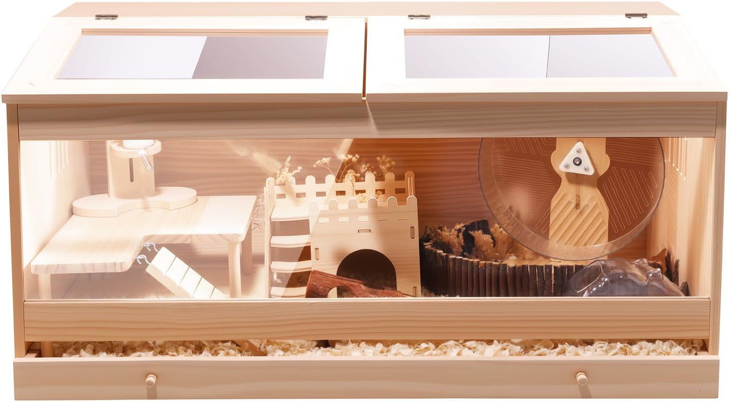 Wooden Hamster Cage with Pull-Out Tray, Small Animal Habitat with Double Skylight Doors for Gerbil, Mouse, Guinea Pig, Rat, No Accessories (31.5" L x 15.7" W x 15.7" H)