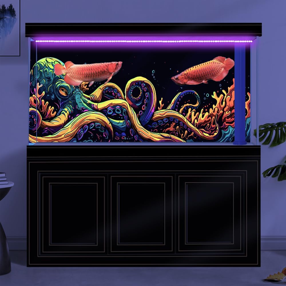 72X18IN Blacklight Octopus Sea Monster HD 3D Black Light Aquarium Background UV Reactive Background Terrarium Background with 10 EVA Double-Sided Tape