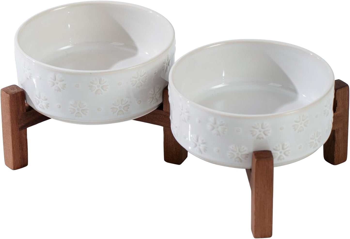 Ceramic 5.1inch Raised Double Bowls Set with Acacia Wood Stand, 2 Heights Elevated, Food & Water Bowls for Puppy, Kitty, Cats(13.5oz, Arctic White)