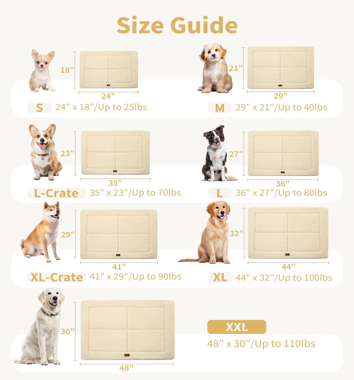 MADE 4 PETS Dog Crate Pad Bed for Large Dogs, Washable & Reversible, Anti-Slip Kennel Mat for Cozy Sleeping, Soft Fluffy Dog Bed for Indoor & Outdoor Use, 36"x27", Beige
