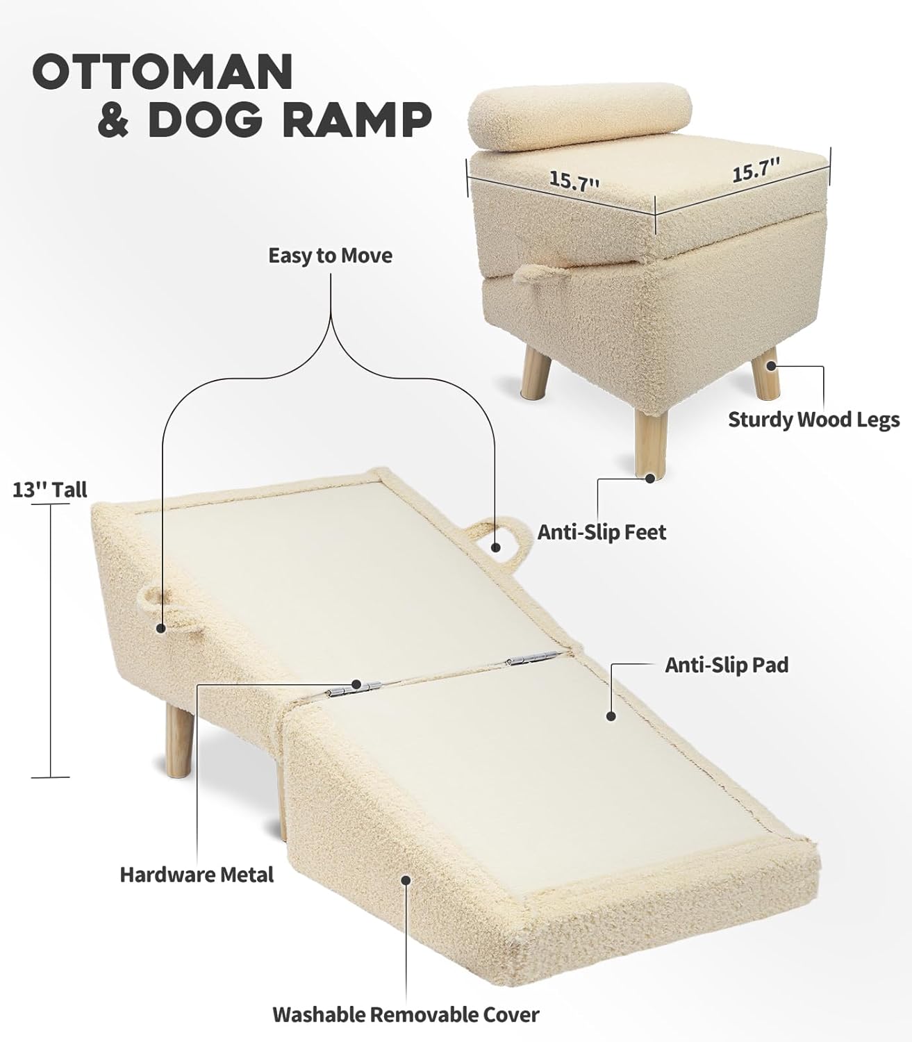 Dog Stairs for Small Dogs and Cats – 2-in-1 Dog Ramp for Bed and Couch, 16.5'' Foldable Wooden Pet Steps, Sturdy Multi-Use Split Ottoman Design, Beige