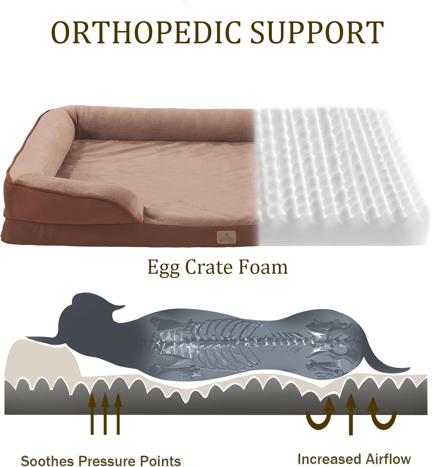 Bedfolks Orthopedic Dog Bed, Waterproof Dog Sofa Bed for Large Dogs, Egg Foam Pet Couch Bed with Removable Washable Cover and Nonslip Bottom, Brown
